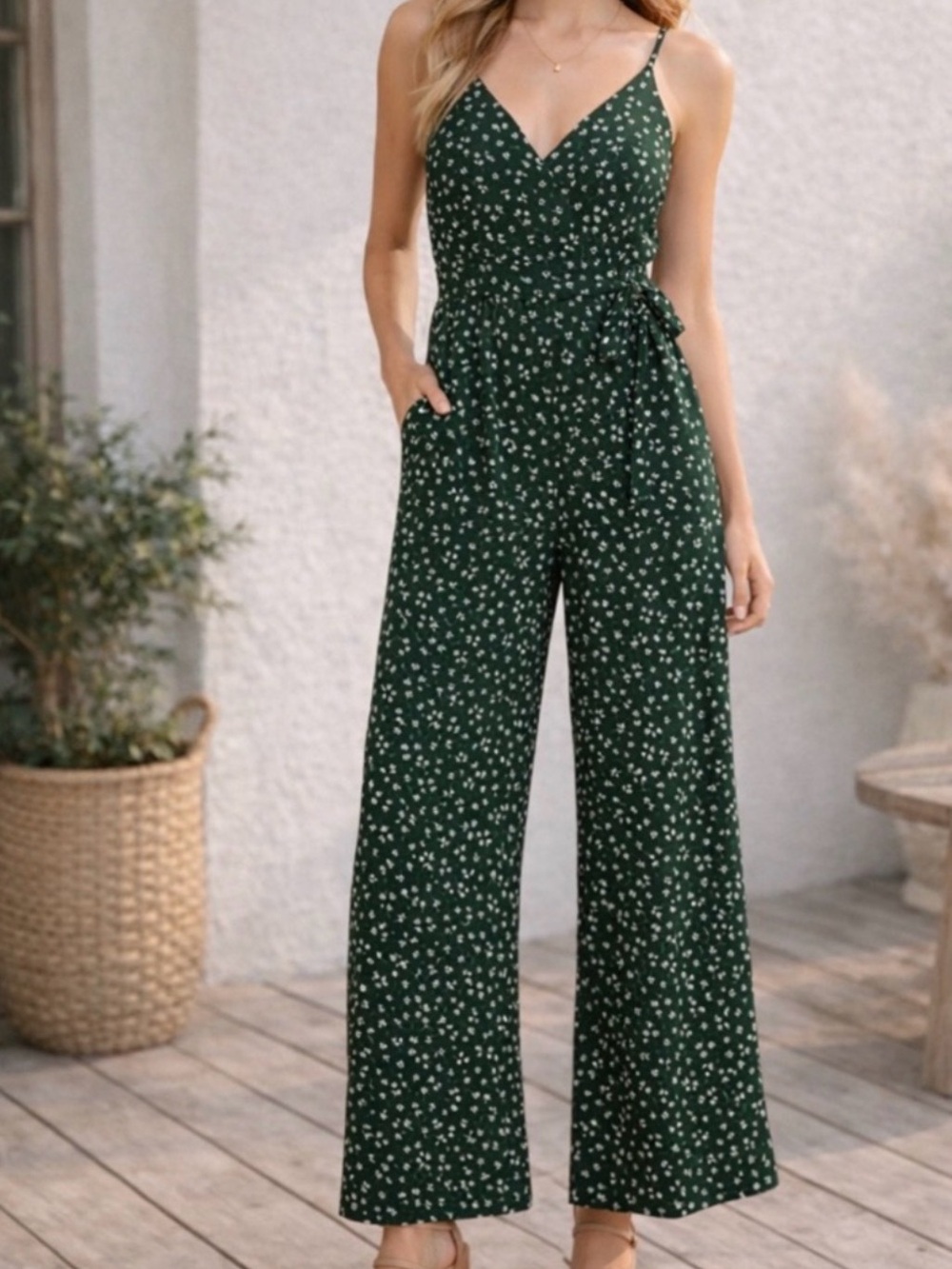 Kaileigh Dark Green Floral V-Neck Wide-Leg Jumpsuit